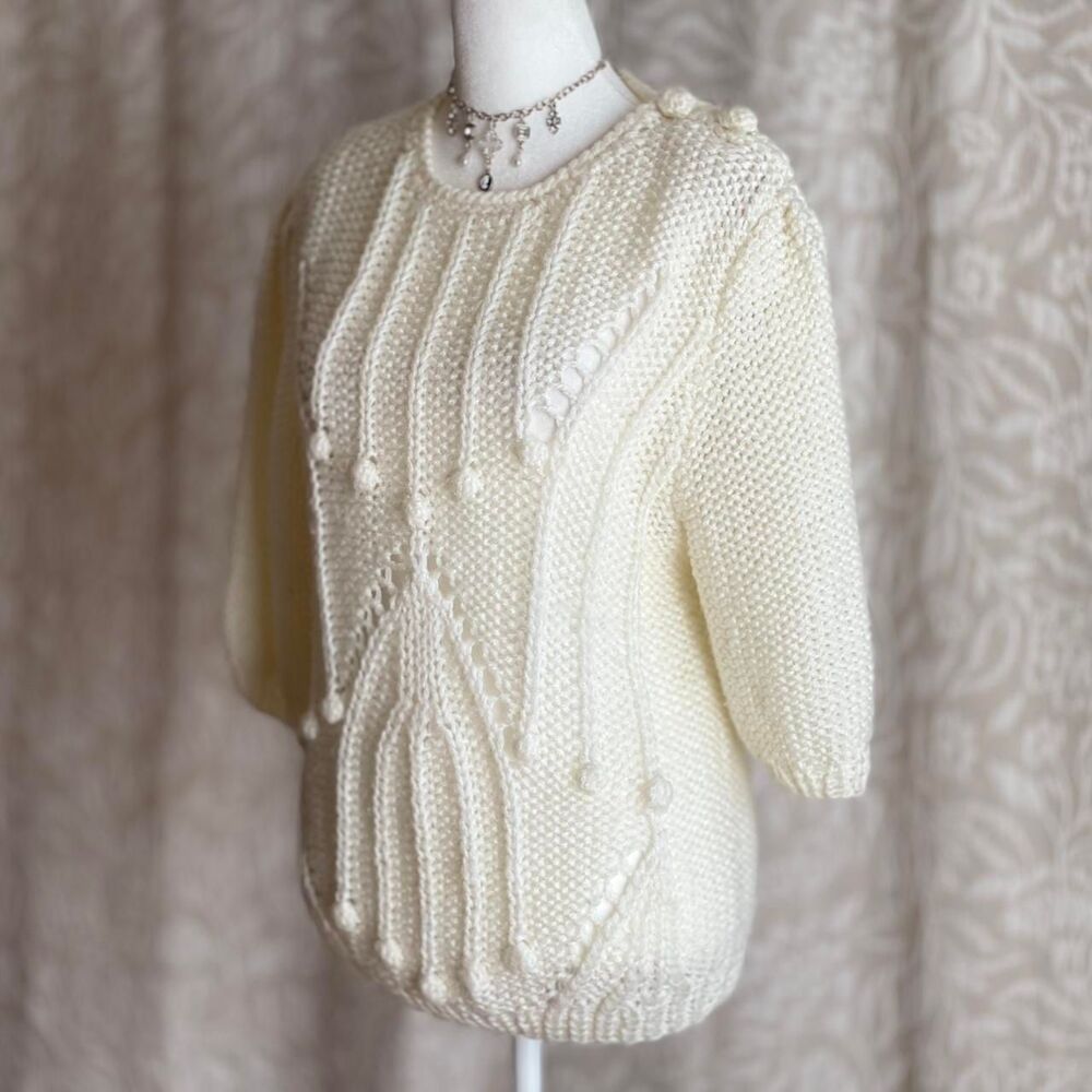 Vintage 80s Sheridan Unique Cream Bobble Knit Sweater Textured Chunky Size L